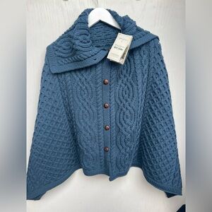 Aran Crafts 100% Wool Cowl Neck Poncho Sweater Cable Knit Button NWT